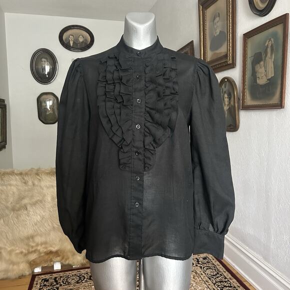 Vintage Black Sheer Ruffle Blouse Women’s 8 Whimsigoth Victorian Gothic Academia - Picture 1 of 16